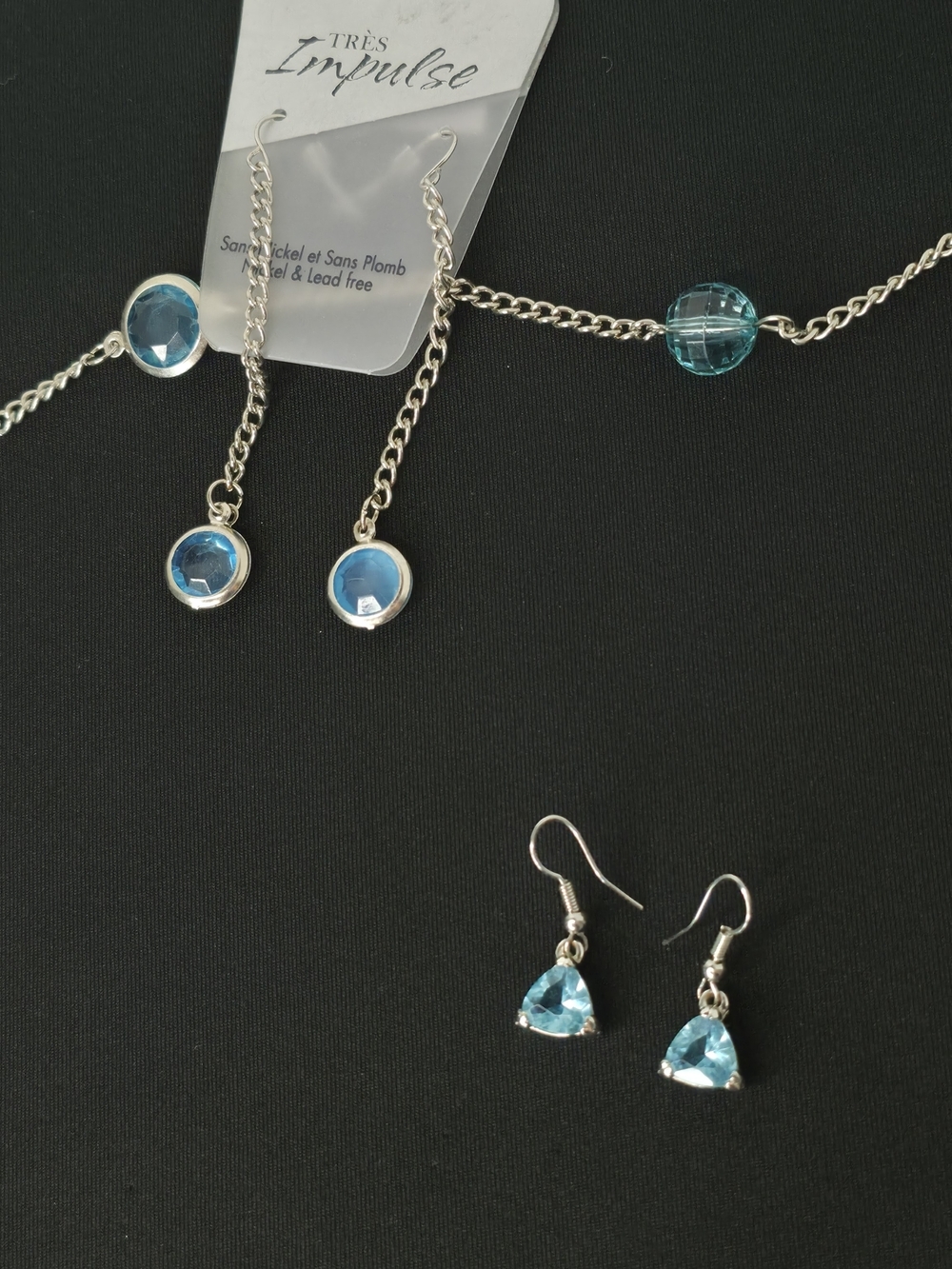 Vintage Sapphire Blue Faceted Station Necklace Matching Earrings Set 3pc - Picture 4 of 6